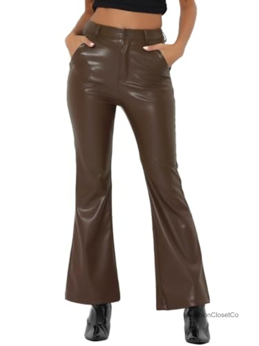 Faux Leather Flared Wide Leg Pants with Pockets High Waist Steampunk